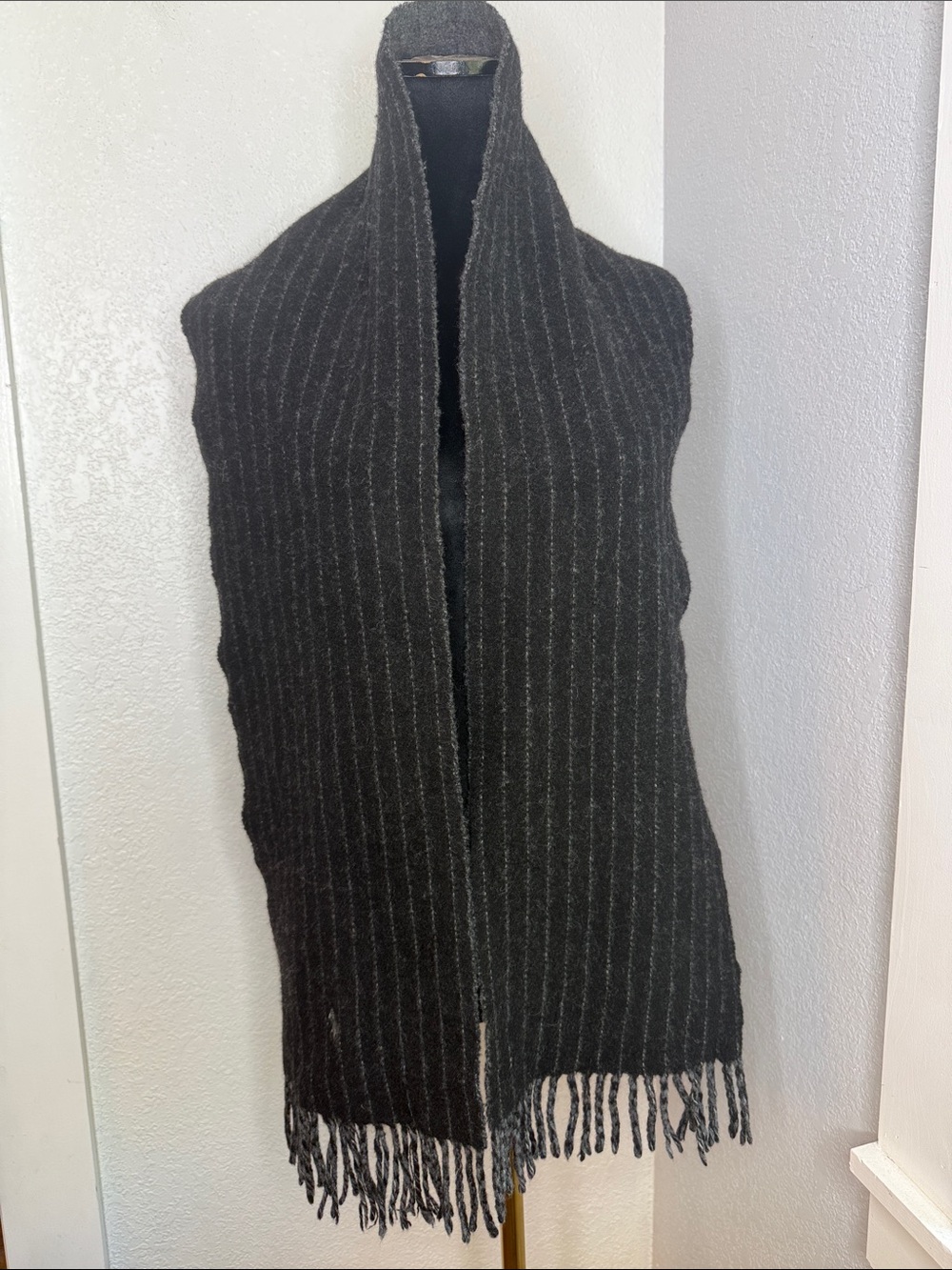 Polo Ralph Lauren Reversible Wool Blend Scarf Gray Black Pinstripe Fringe